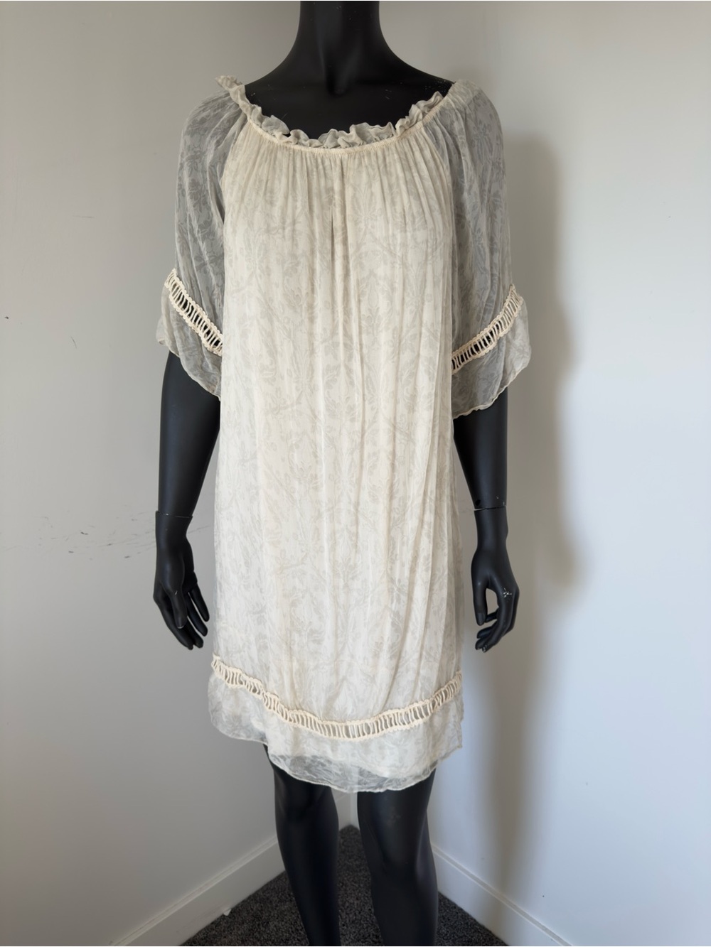 143. Bellambia 100% Silk Ivory Sheer Peasant Tunic Dress